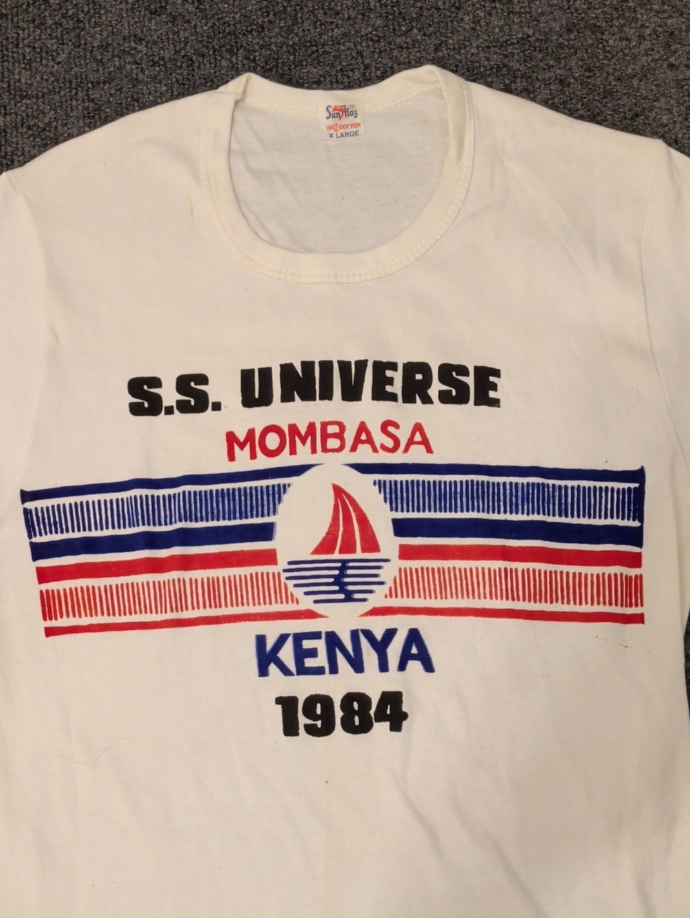 80s Vintage S.S. Universe Mombasa Kenya 1984 White Graphic Tee Soft 100% Cotton